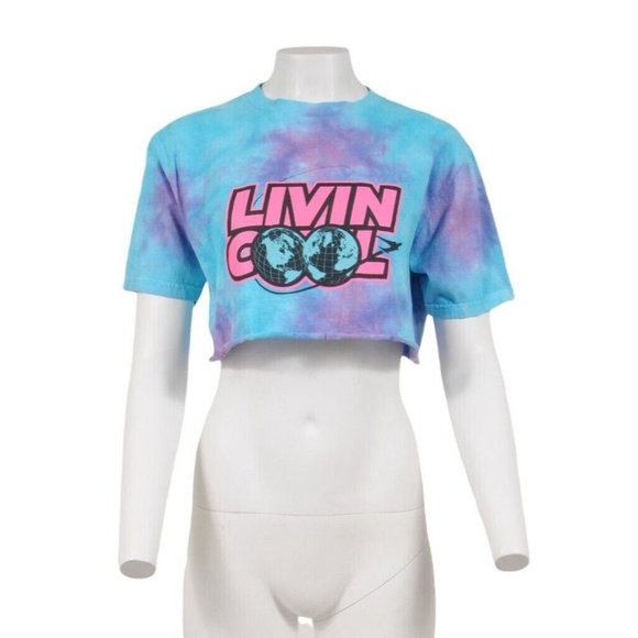 Livin Cool Womens World Tour Crop Top Medium Pink Blue Tie Dye Cotton T Shirt - Picture 1 of 7